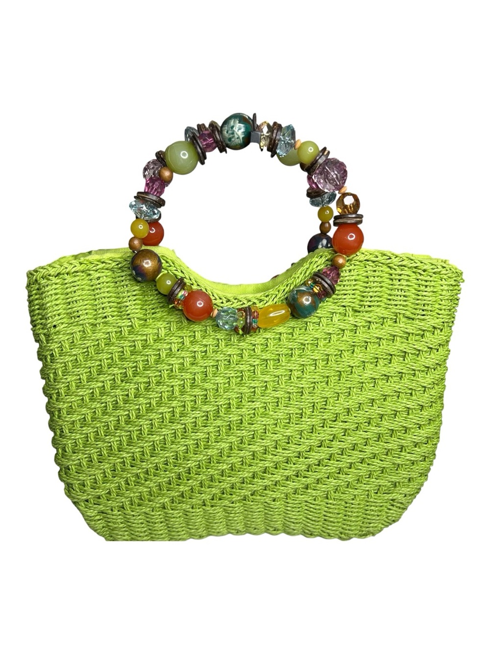 VTG 90s CAPELLI STRAWORLD Lime Green Woven  Straw Purse Chunky Beaded Handle